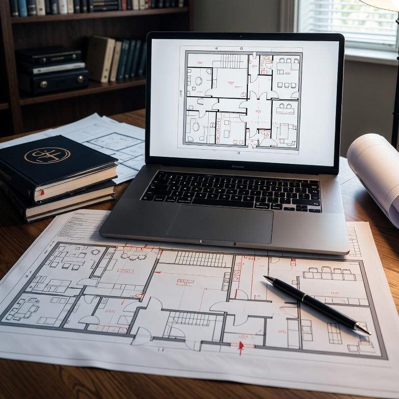 Fire Strategy Image of a CAD drawing on a computer indicating a fire strategy is being reviewed.