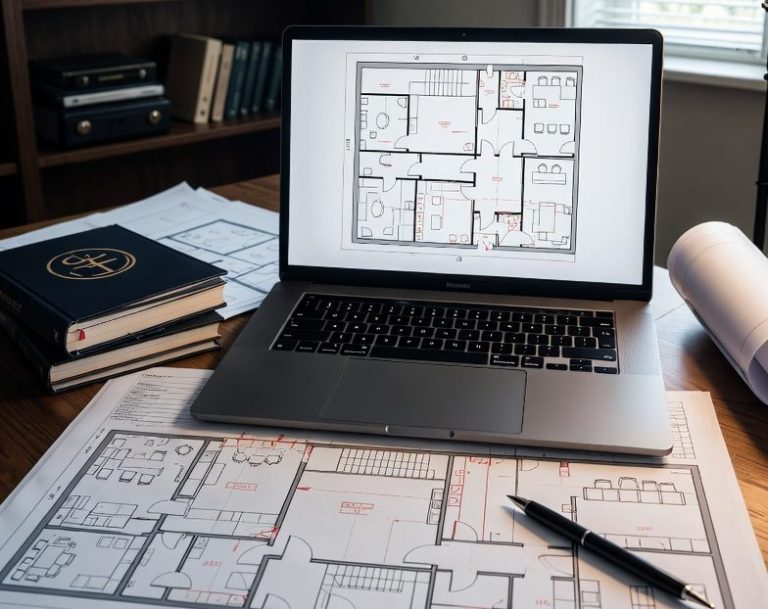 Image of a CAD drawing on a computer indicating a fire strategy is being reviewed.