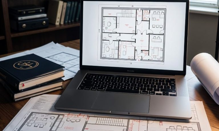 Image of a CAD drawing on a computer indicating a fire strategy is being reviewed.