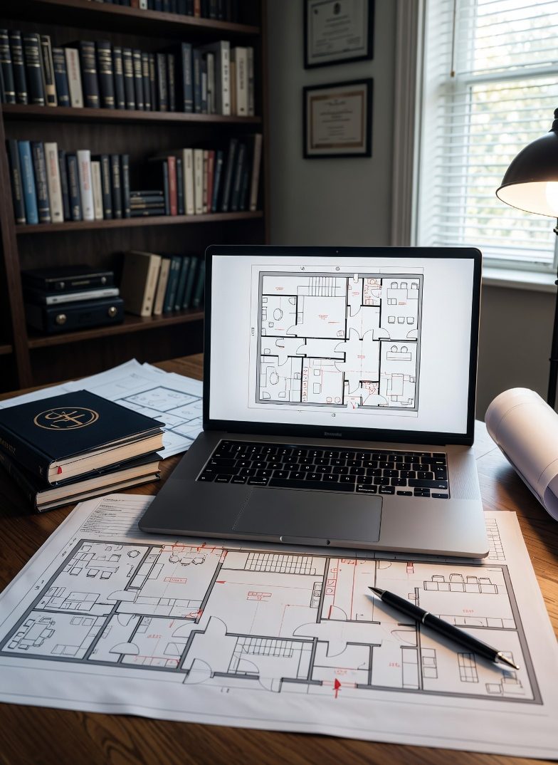 Fire strategy Image of a CAD drawing on a computer indicating a fire strategy is being reviewed.
