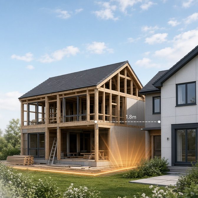 An image of a timber frame building under construction and a review of the boundary distances in relation to radiating heat.
