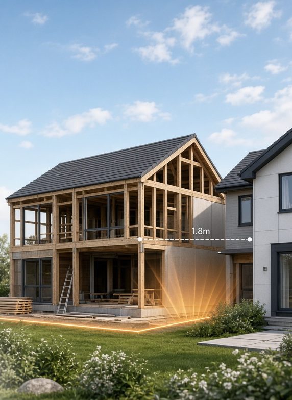 Fire Engineering Boundary Assessment An image of a timber frame building under construction and a review of the boundary distances in relation to radiating heat.
