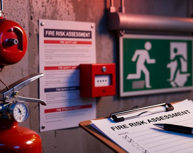 An image showing a fire alarm call point, fire extinguisher and a notepad indicating a fire risk assessment is in progress. 