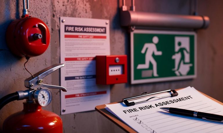 An image showing a fire alarm call point, fire extinguisher and a notepad indicating a fire risk assessment is in progress. 