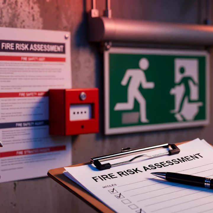Fire Risk Assessment An image showing a fire alarm call point, fire extinguisher and a notepad indicating a fire risk assessment is in progress.