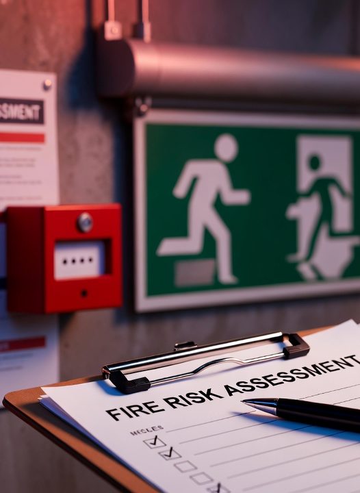 Fire risk assessment An image showing a fire alarm call point, fire extinguisher and a notepad indicating a fire risk assessment is in progress.