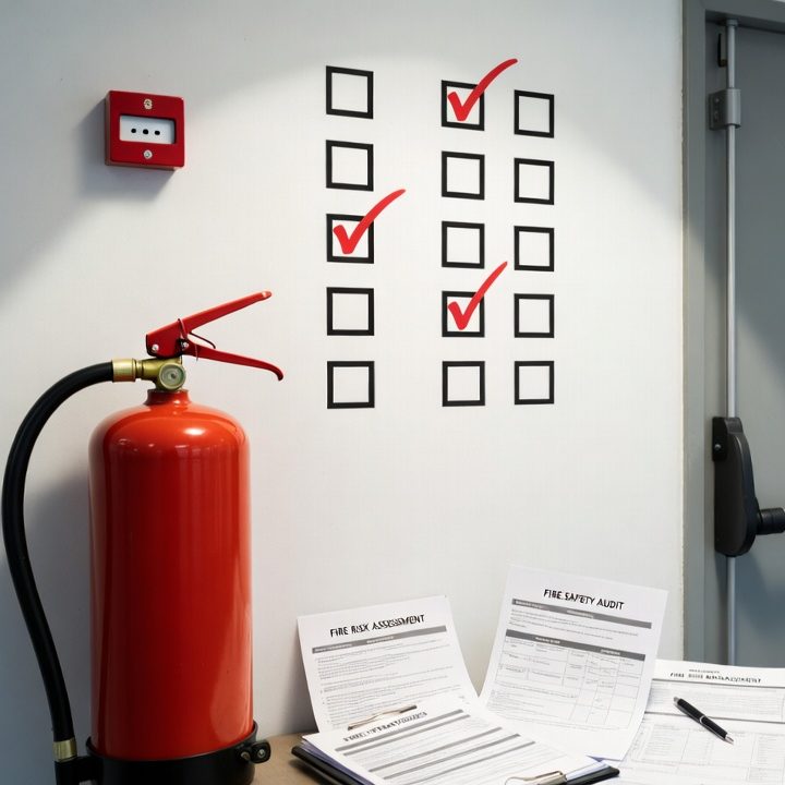 Fire Safety Inspection / Audit An image of a fire extinguisher, a fire exit door and a tick box check list indicating an audit is in progress.