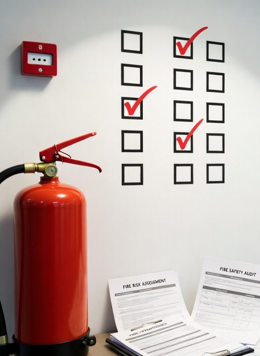 Fire safety inspections and audits An image of a fire extinguisher, a fire alarm call point, a tick box check list indicating an audit is in progress.