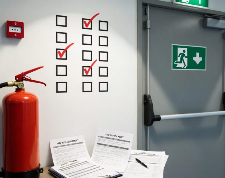 An image of a fire extinguisher, a fire exit door and a tick box check list indicating an audit is in progress. 