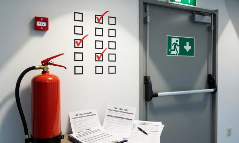 An image of a fire extinguisher, a fire exit door and a tick box check list indicating an audit is in progress. 